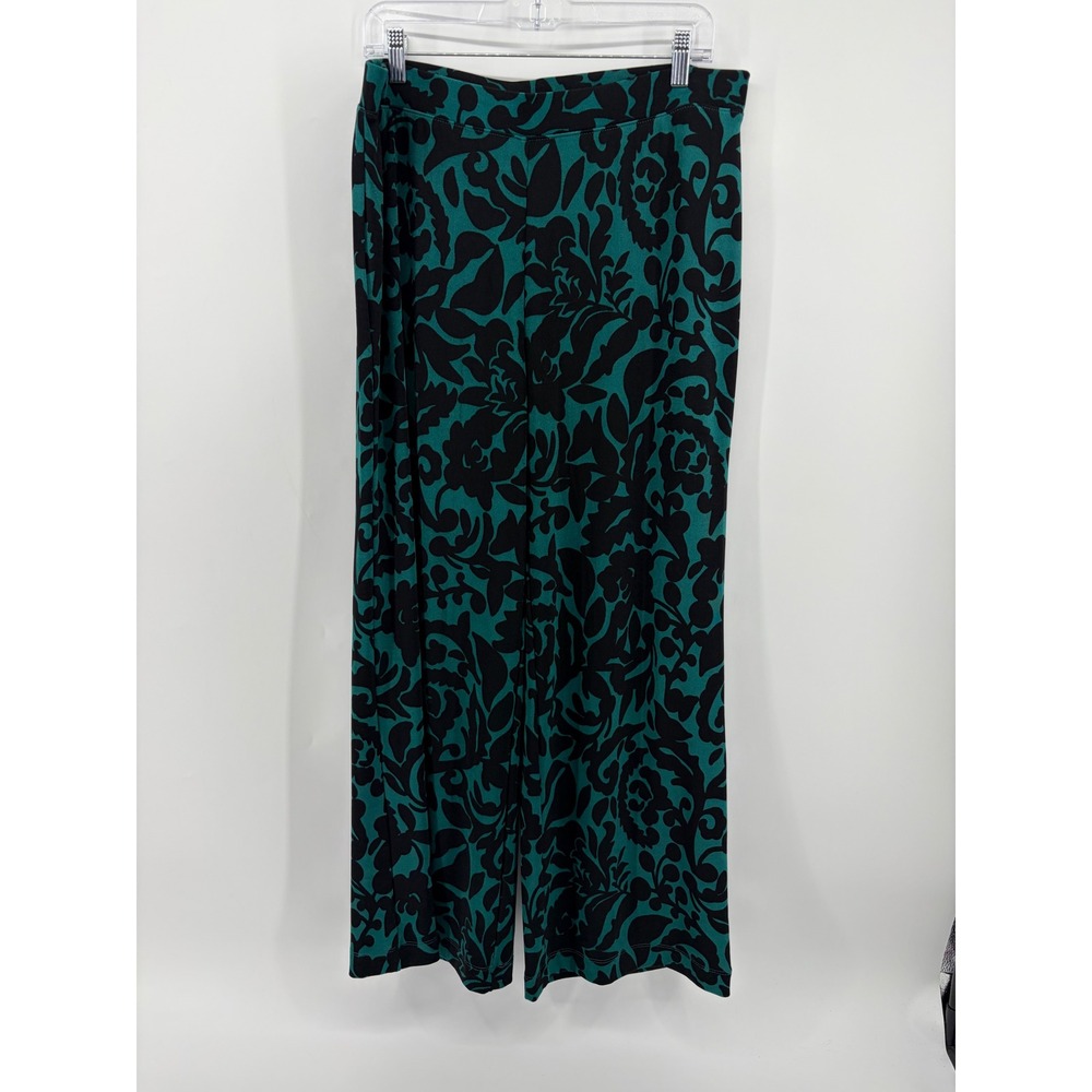 Chicos Womens 2 / L Teal Black Damask Floral Wide Leg Pull On Stretch Pants